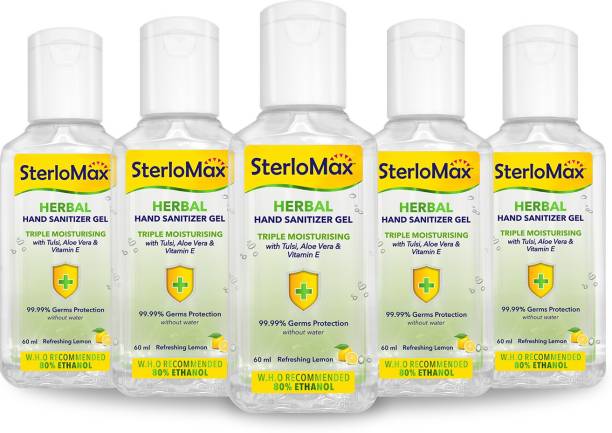 SterloMax Herbal  Gel with Tulsi, Aloe & Vitamin E. 80% Ethanol Alcohol based Sanitizer gel. 60 ml. Pack of 5 Hand Sanitizer Bottle