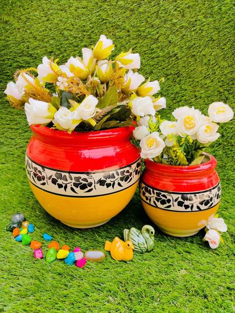 Niyara stylish mugal style red and yellow 8&6 inches ceramic planters pot combo Plant Container Set
