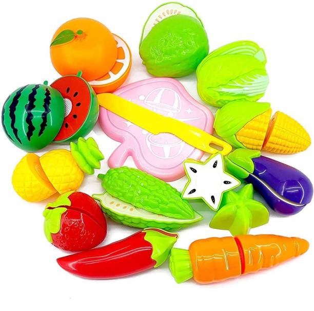 SVE Realistic Sliceable 8 Pcs Fruits and Vegetables Cutting Play Toy Set, Can Be Cut in 2 Parts