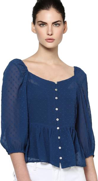 ONLY Casual 3/4 Sleeve Self Design Women Blue Top