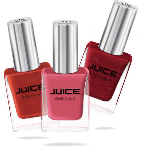 Juice One Coat Nail Polish Pack of 3 Coral Sunset - 292, Golden Orange - 249, Firey Red - 208 GLOSS COMBO_24 Coral Sunset - 292, Golden Orange - 249, Firey Red - 208