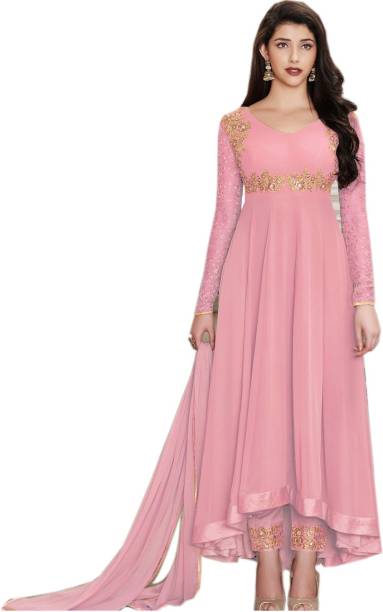 Semi Stitched Georgette Gown/Anarkali Kurta & Bottom Material Solid, Embroidered Price in India