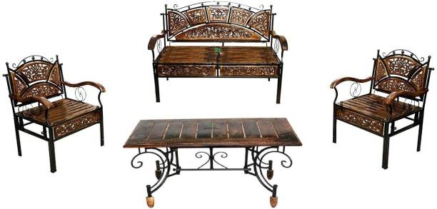 Smarts collection Wood & Wrought Iron Sofa Set with center table ,4 Seater for Living Room Leatherette 2 + 1 + 1 Sofa Set