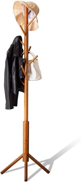 TechBlaze Free Standing Wooden Coat Rack Tree with 8 Hooks Adjustable Height Hanger (5.7 Foot Tall) for Coats, Hats, Scarves, Clothes and Handbags (Dark Brown) Solid Wood Coat and Umbrella Stand