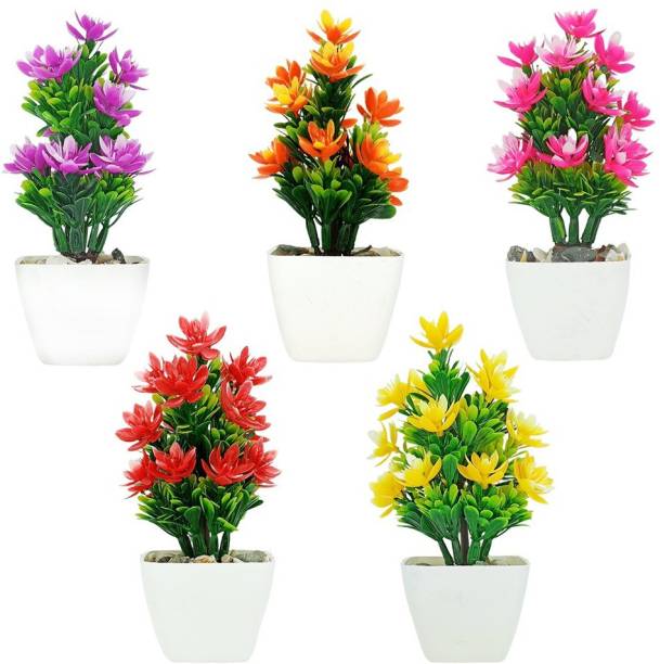 Blooming Yard Artificial Flowers of different colors ( pack of 5 ) Multicolor Wild Flower Artificial Flower  with Pot