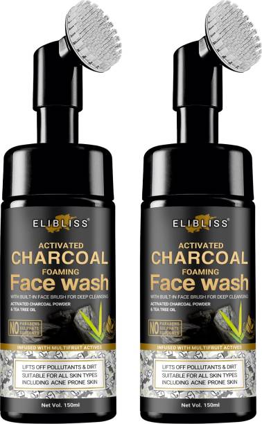 ELIBLISS Activated Charcoal Blackhead Removal, Deep Cleansing & De-Tanning Foaming  with Built-In Face Brush Pack OF 2 Face Wash