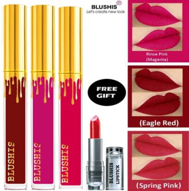 BLUSHIS Beauty Women High Defination Smudge proof Waterproof Long lasting Liquid matte Lipstick Non Transfer Combo Pack of 6 with Common colors for daily use L-A-K-M-E-H-U-D-A beauty combo pack of 3 [ Maroon,Magenta,Pink ]