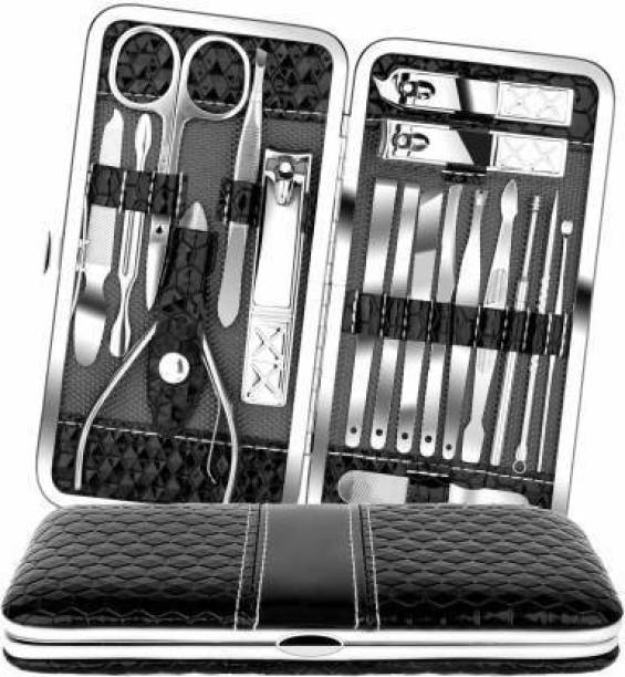 Faigy Beauty 18pcs Manicure Set Pedicure Nail Clippers Set Travel Hygiene Kit Stainless Steel Professional Cutter Care Set Scissor Tweezer Knife Ear Pick Tools Grooming Kits with Leather Case