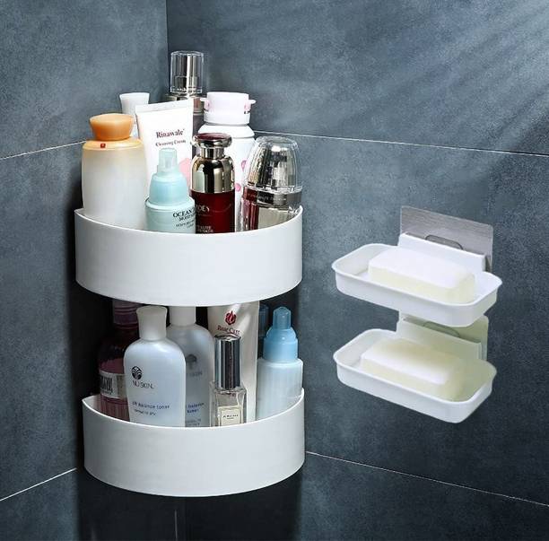 KRONIC Pack Of4 Plastic Wall Holder Bathroom Storage Round Corne Rack And Shower Rack Plastic Kitchen Cabinet