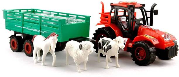 Kikee Toys Farmer Friction Tractor Trolley Toy for Kids | Heavy Duty | with Animal Toys Horse-Cow-Sheep