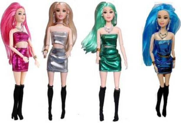 s yuvraj Max Party Doll Combo Set (Pack of 4) with Foldable Hands & Legs plus Beautiful Accessories (Blue, Green, Pink, Silver)