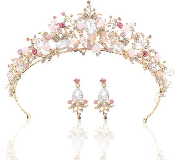 PALAY Gold Wedding Crown Bridal Tiaras with Earrings Pink Purple Headband for Women and Girls Hair Accessory Set