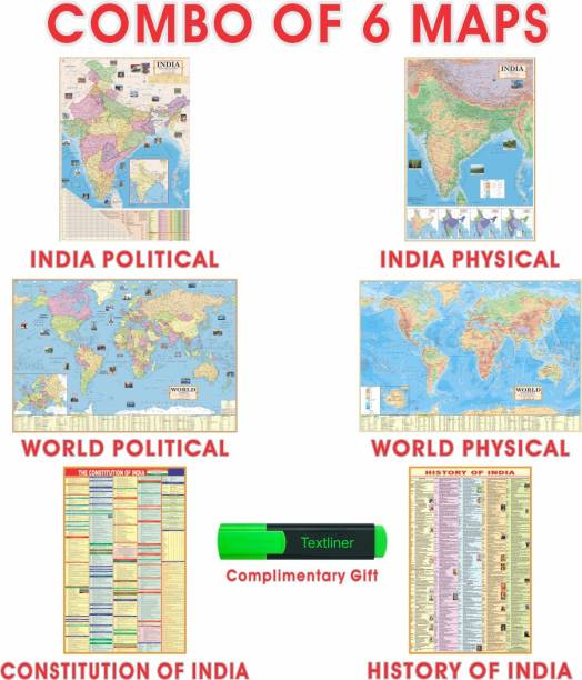 (COMBO OF 6 MAPS/CHARTS WITH COMPLIMENTARY GIFT) INDIAN Constitution Map & History of India Map With India & World Map (Both Political & Physical)| Set Of 6| Map Size (40 * 28) (23 * 36)|Paper Mint| Complimentary text liner| Best Useful for UPSC, SSC, IES and other Competitive Exams. (All English Maps) Paper Print Paper Print