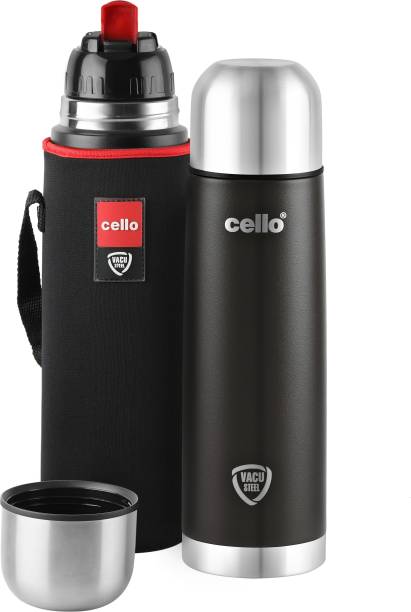 cello Duro Tuff Steel Flip with Jacket DTP Coating Double Walled Insulated 1000 ml Bottle