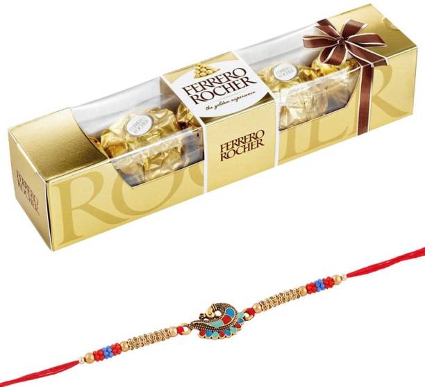 FERRERO ROCHER 4pcs with Beautiful Peacock Rakhi | Rakhi Chocolate Combo | Rakhi Gift Chocolate | Gift For Brother Combo