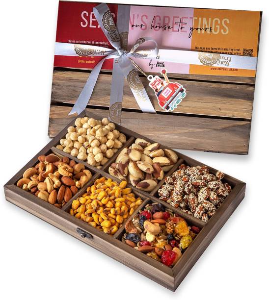 HyperFoods RawFruit Mix Dry Fruit Combo Pack | Jumbo Dry Fruit Gift Pack Dark Wood Dry Fruit Tray | Wedding Shadi Marriage Happily Newly Married Gift Hampers for Him/Her