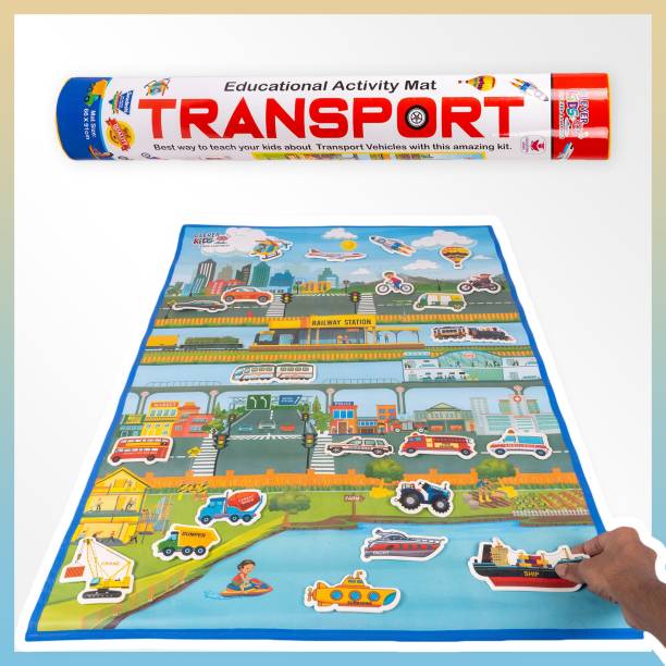 Clever Kids EDUCATIONAL ACTIVITY MAT TRANSPORT WITH FLASH CARDS AND EVA CUTOUTS FOR KIDS. (91 CMS X 66 CMS JUMBO ACTIVITY MAT)