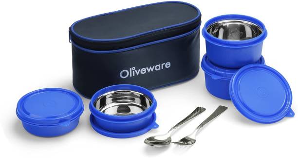 Oliveware Valley Lunch Box | Stainless Steel | 4 Containers with Spoon & Fork | with Insulated Fabric Bag | Leak Proof | School & Office Use 3 Containers Lunch Box