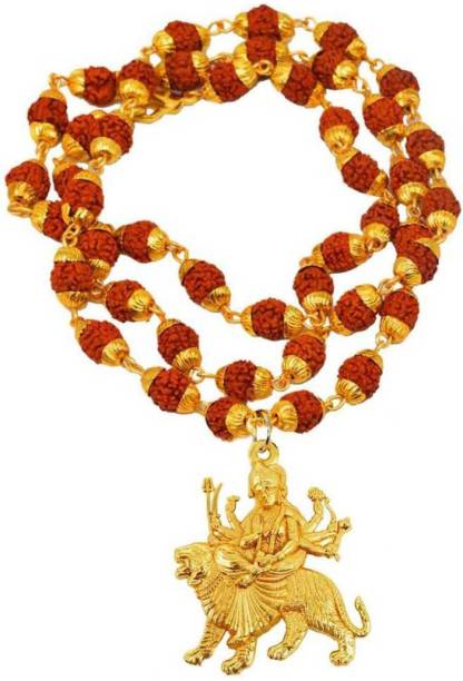M Men Style Religious Jewellery Lord Maa Durga Sherawali Mahakali Locket With Gold Plated Caps Rudraksha Mala (42 Beads) Temple Jewelry Pendant For Men And Boys Gold-plated Beads Brass, Wood Locket