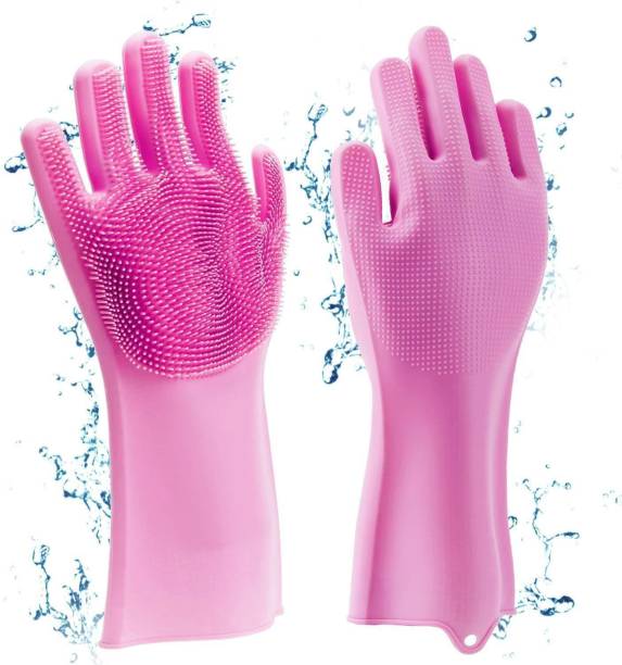 SH Enterprises Silicon Hand Gloves For Kitchen Washing Utensils Dishes With Brush Cleaning Scrubber, Wet and Dry Glove Set