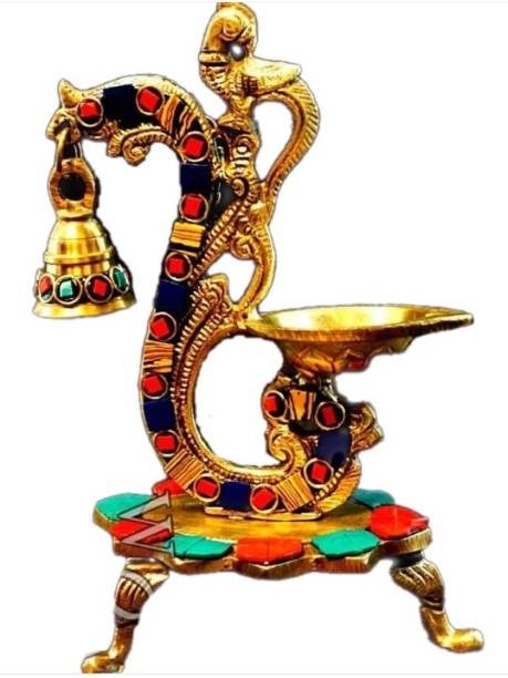 METALCRAFTS Brass Peacock bell diya, coloured stones fitted, Stones' colour may vary, Showpiece, ht. 8", 20 cm Brass Table Diya