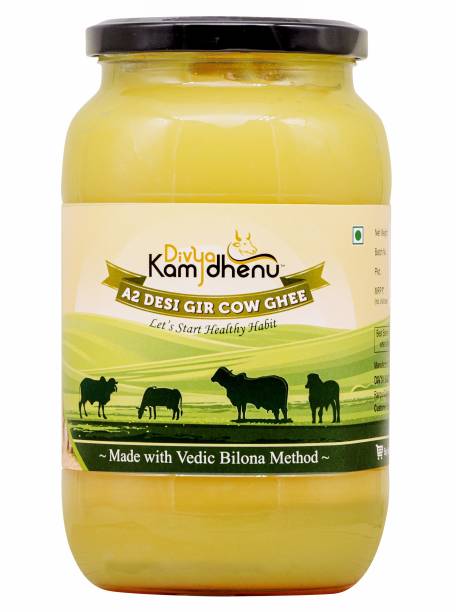 Divya Kamdhenu A2 Desi Cow Ghee Vedic Bilona Method Grass Feed Natural Organic ( 1000 ML) 1,Litre Glass Jar Packaging 1 L Glass Bottle