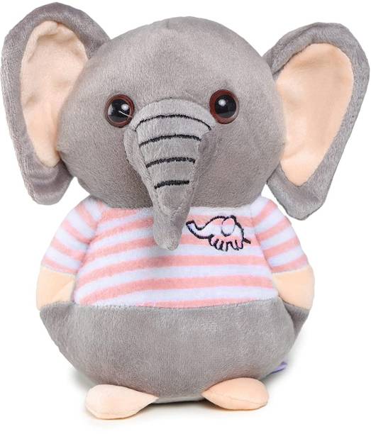 Webby Soft Animal Plush Elephant Toy, Grey and Pink  - 20 cm