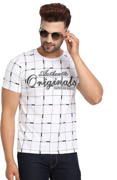 Men Printed, Checkered Round Neck Pure Cotton White T-Shirt Price in India