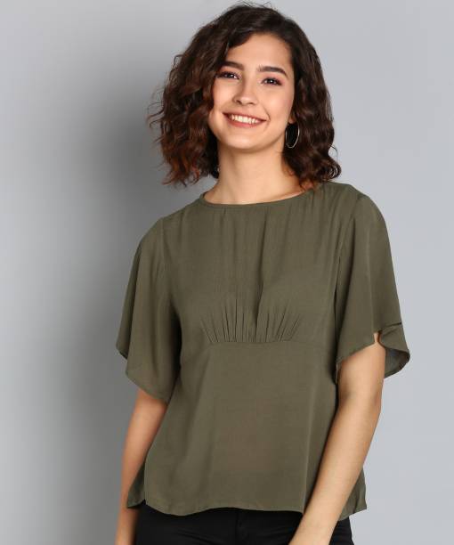 ONLY Casual Short Sleeve Solid Women Green Top