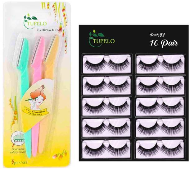 TUPELO Combo pack of pair false eyelashes fake eyelashes voluminous makeup mac eyelashes (pack of 10),Black & eye brow hair threading & removal safety razors for men & women ( pack of 3)