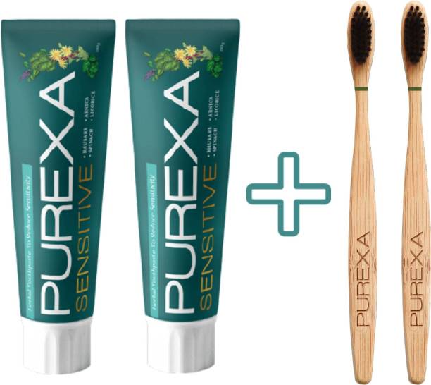 PUREXA Herbal Sensitive ,Anti Sensitivity Toothpaste with natural elements like Spinach, Rhubarb, Arnica & Licorice, Chemical free formulation highly effective in Teeth Sensitivity With Two Bamboo Charcoal Brush