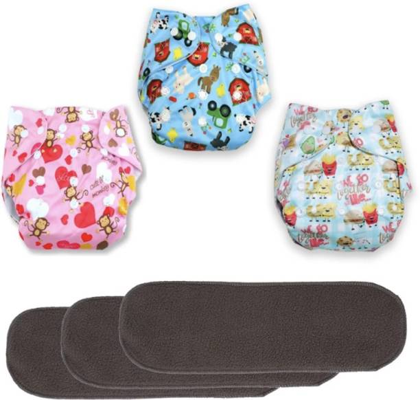 kogar All New Printed Multicolour Reusable Cloth Diaper With Black Insert Fr Baby New Born To 2 Year (3 Diaper +3 Insert) - M - L