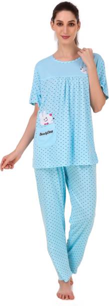 MILEY Women Embroidered Blue Night Suit Set