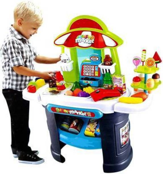 DIKUJI ENTERPRISE 61 Pcs Luxury Supermarket Grocery Store for Little Kids Shopping with Working Scanner Realistic Play Set & Super Market