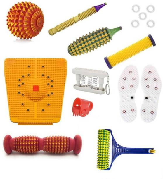 Acufit DK34 2000 Acupressure Massager Tools Combo Kit for Stress and Pain Relief with Foot Roller (Pyramidal cuts)(Wooden) + Bio - Magnetic Power Mat + Handle Roller + Thumb Pad + Pocket Exerciser + Shoe Sole + Energy Roller - Soft +Wooden Ball + Wooden Karela + Wooden Jimmy +5 Pc Massage Rings For Stress And Pain Relief Acupressure Kit Massager Massager