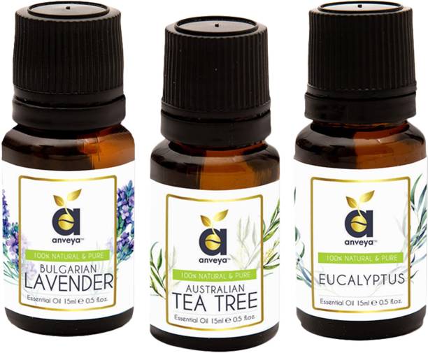Anveya Set Of Top 3 Essential Oils, 15ml each: Tea Tree, Eucalyptus & Lavender Oil