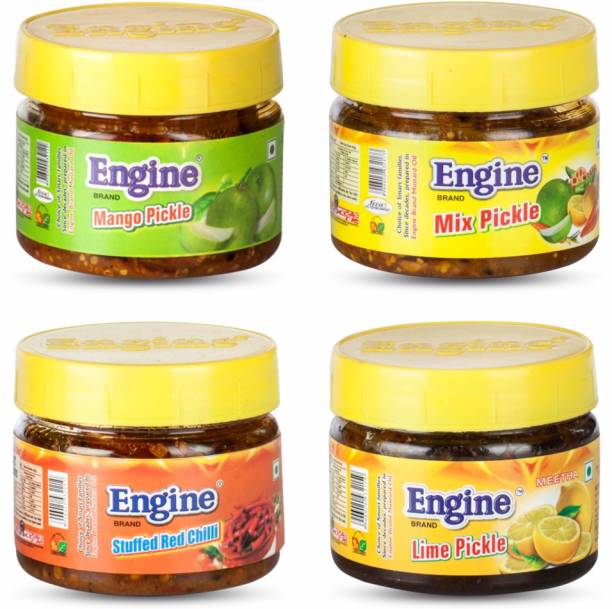 Engine Combo of 4 Jar Mango Pickle ,Sweet Lime Pickle, Red Chilli Pickle Mix Achar Mango, Red Chilli, Lemon Pickle