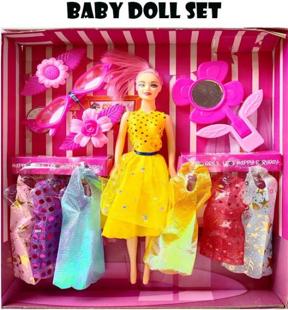 ANANYA SHOP Princess Doll with Foldable Hands, Different Clothes & Beauty Accessories Set Pack of 11 Pies Girl's Kids Birthday Gift (Multicolor)