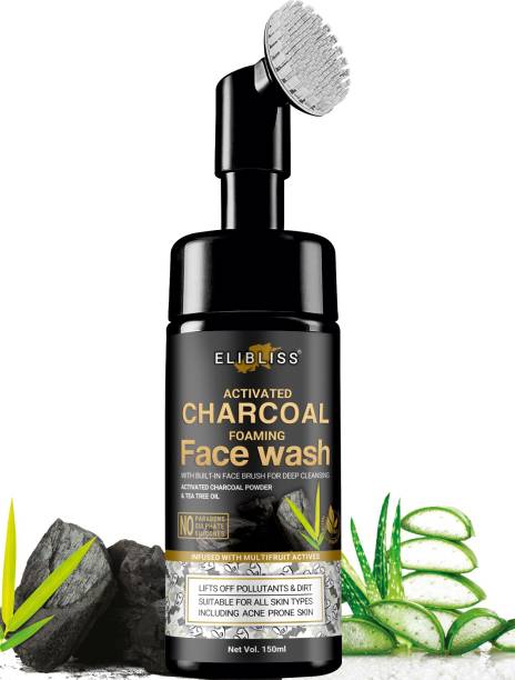 ELIBLISS Activated Charcoal Foaming  with Built-In Face Brush for deep cleansing, Anti-Pollution, oil control - No Parabens, Sulphate, Silicones - 150mL  Face Wash
