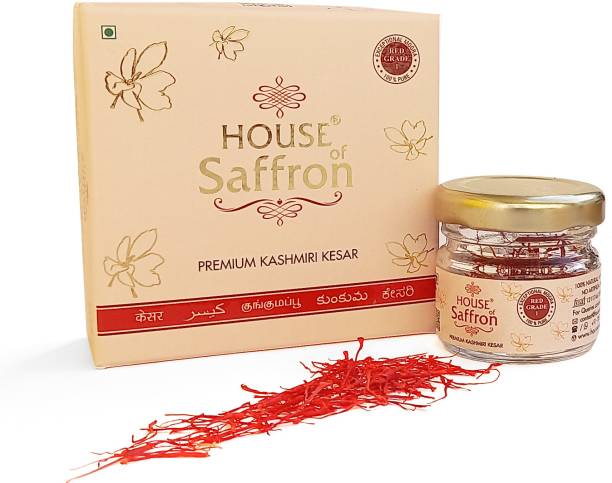 Houseofsaffron 1gram 100% Pure Kashmir Original Long Thread Mogra Saffron Certified Grade A1+++ Premium Natural Kesar Glass Jar