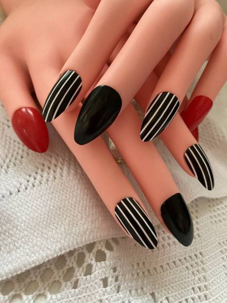 business venture 12 PC/Set Designer Reusable Artificial Nail/Nails with glue. Nail extension tips black, white, red