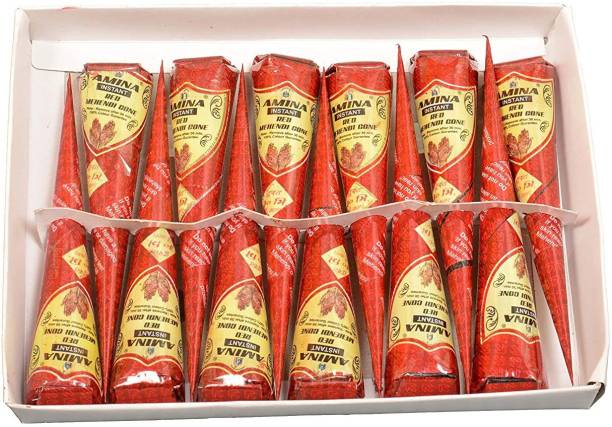 Amina Henna Instant Tatto Red Outline Mehndi / No Chemicals Dyes - Color Paste Cone (Red, 12 Cone) (1 Box) Natural Mehendi