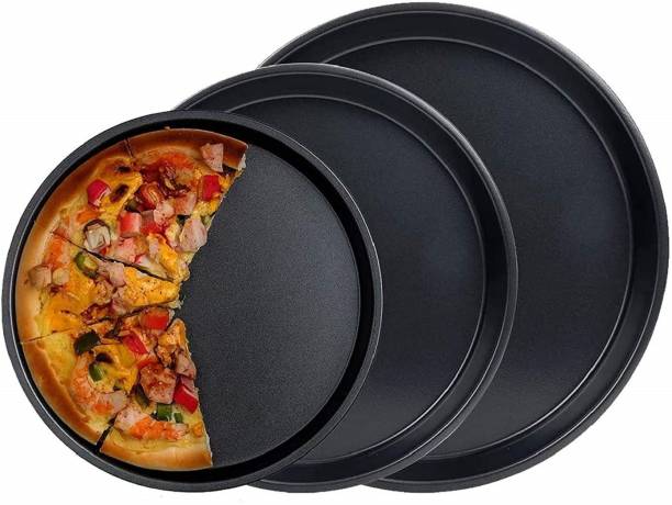 AL ATASH Carbon Steel Pizza Pan Tray for Baking in Microwave Oven Non Stick Set of 3 Black (26 - 29 - 32 ?cm) Pizza Tray