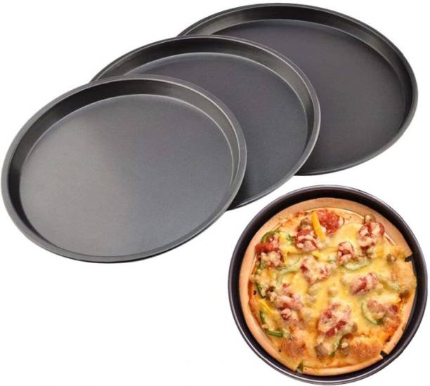 RBGIIT PIzza-02 Carbon Steel Pizza Pan Tray for Baking in Microwave Oven Non Stick Set of 3 Black (20 - 23 - 25 cm) Non Stick Microwave Safe Oven Pizza Tray Baking Pan Pizza Tray Pizza Tray | Carbon Steel Non-Stick Bakeware | Round Shape Plate | Cake Pizza Pan Baking Mould | Used in Microwave Oven, OTG | Baking Tools Pizza Tray