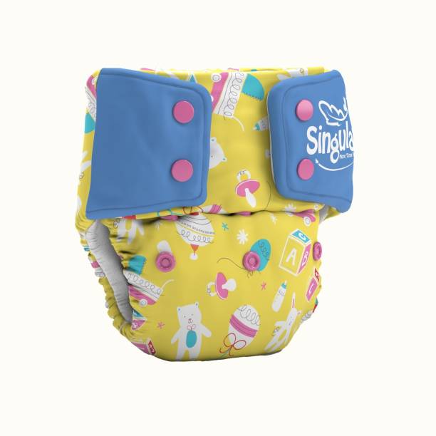 Singular Washable Diapers Waterproof and Breathable Baby Diapers with 2 Inserts pads (Booster & Super Booster) Adjustable Size (4-14 KG) and Reusable Diapers (Yellow Spinning Top) - M - L
