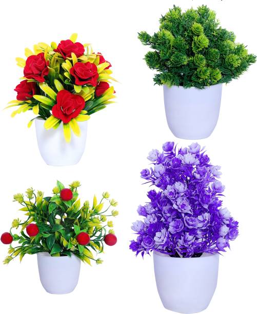 S-Biv S-Biv Multicolor Artificial Flower And Plant For Home Decor or Office Décor Also Plant Suitable For Table , Flower & Plant Specially Decor For Bed Room Decoration Multicolor, Yellow, Green, Purple Rose, Cherry Artificial Flower  with Pot
