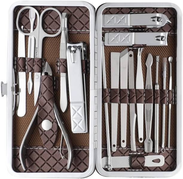 Faigy Beauty 18 Tools Manicure Set Nail Clippers, Stainless Steel Nail Scissors Grooming Kit with Peeling Knife, Nail Cleaning Knife, Acne needle, Blackhead Tool Leather Travel Case