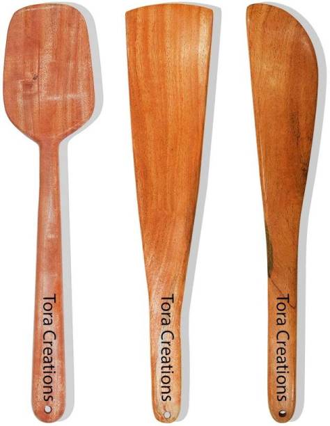 TORA CREATION Neem Wooden Spatula Half Flip, Dosa Ladle Set Of 3 Cooking/Serving for Non Stick Brown Kitchen Tool Set