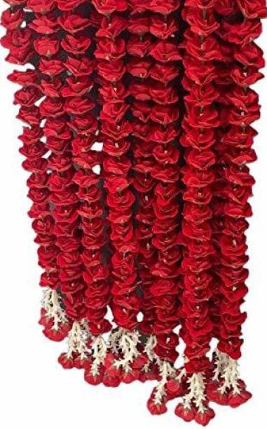 Nutts Artificial Red Ross (Gulab), 53 Flowers in Each String/ladi & 155 cm/ 5 ft Long, Garland for Decoration Festival Navratri, Diwali, Marriages, Temple and Home/Office Inauguration Pack of 4 Velvet Flower Garland