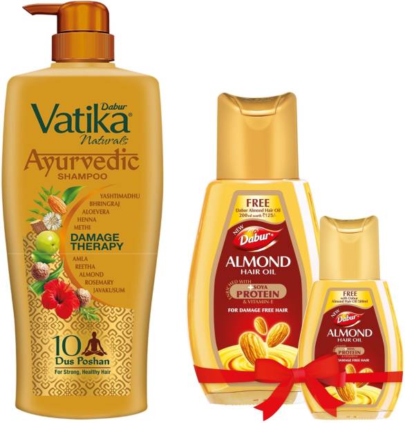 Dabur Almond Hair Oil - 700ml with Vatika Naturals Ayurvedic Shampoo - 640ml